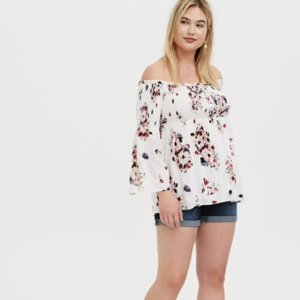 NEW 4X TORRID Modal Lace-Up Smocked Off-Shoulder Top White, Pink, Floral